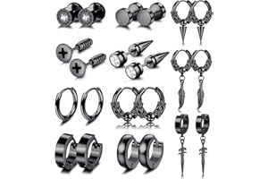 ADRAMATA 11 Pairs Mens Earrings Black Silver Stainless Steel Earrings Plugs Screw Studs Earrings Punk Dangle Earrings Set Kpop Fashion Earrings Black Earrings for Men Women