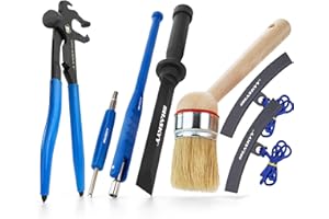 HASKYY Zestaw do montażu opon 7-częściowy – szczypce do wyważania, skrobaki samoprzylepne, pędzel montażowy 22 cm, wkrętak do wentyli i ściągacz zaworów, ochrona krawędzi felg – do samochodów