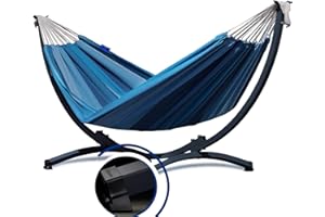 ‎POTENZA Potenza Hängematte mit Gestell I Stabiler Rahmen 200kg - 250cm Balkon I Hängematte 200x120cm I Indoor Outdoor Garten Pool Terrasse Stahl (Basic Gestell Graphit, Blau)