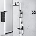 MORADO Thermostatic Shower Mixer Set Matte Black,Adjustable Height Thermostatic Shower Set,Thermostatic Shower Bar Set with Square Rainfall Shower and Multi-Function Hand Shower, Matte Black