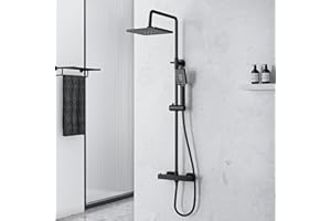 MORADO Thermostatic Shower Mixer Set Matte Black,Adjustable Height Thermostatic Shower Set,Thermostatic Shower Bar Set with Square Rainfall Shower and Multi-Function Hand Shower, Matte Black