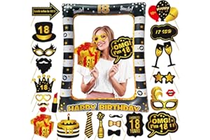 LMSHOWOWO 30PCS 18th Birthday Photo Booth Props, Black Gold Inflatable Photo Booth Frame, Giant Party Selfie Frame, Funny Selfie Props for Boys Girls 18th Birthday Party Decorations Gifts