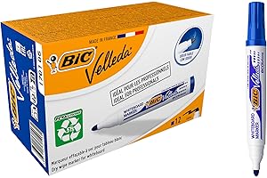 BIC Velleda 1701 ECOlutions Feutres pour Tableau Blanc Effaçables à Sec à Pointe Conique Grande - Bleu, Boîte de 12