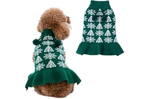 CuteBone Ugly Dog Christmas Sweater Dress Winter Knit Green Turtleneck Puppy Sweater with Craft Pom Pom Ball Pullover Ruffle Dress for Small Dogs DS48L-IT