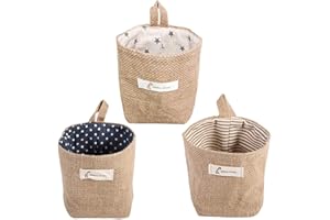 SANKESONG 3 Pcs Sac de Rangement Suspendu, Sac de Rangement de Bureau, En Coton et Lin, Panier de Rangement Pliable avec Poignée pour Jouets, Maquillage, Petites Affaires, Clés, Papier Toilette, Plantes en pot