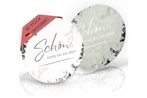 EV HOME CREATIONS EV® Bierdeckel Pappe – 50 Stück [Schön, dass du da bist] – Doppelseitiges Eukalyptus-Design – Hochwertige Getränkeuntersetzer, ideal als Tischdeko für Geburtstag, Hochzeit & Feste