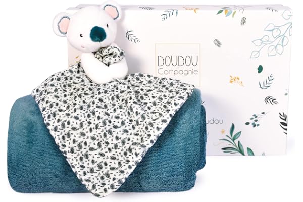 Doudou et Compagnie - Plaid Bébé Tout Doux avec son Doudou Koala - Couverture Polaire - Collection YOCA LE KOALA - Bleu - 100 x 70 cm - Coffret Cadeau de Naissance Fille et Garçon - DC3977