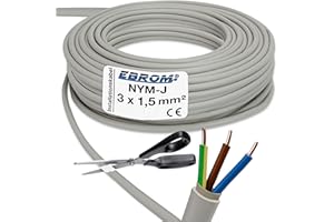 EBROM NYM-J 3 x 1.5 mm² – Sheathed Cable – Installation Cable – Wet Room Cable – Grey – Large Selection in Many Lengths in 5 Metre Increments up to 250 Metres in One Piece – Length: 3 x 1.5 mm2, 25
