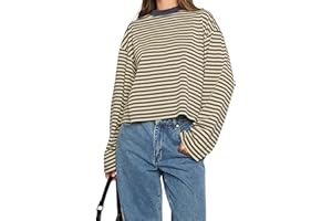 Springcmy Women Y2k Striped Long Sleeve Shirt Drop Shoulder Crewneck Sweatshirt Fall Winter Fairy Grunge Preppy Pullover Tops Streetwear