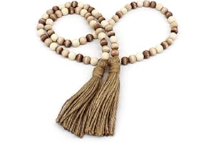 CVHOMEDECO. Wood Beads Garland with Tassels Farmhouse Rustic Wooden Prayer Bead String Wall Hanging Accent for Home Festival Decor. Mix Distressed
