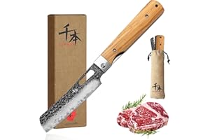 SENBON 440 - En acier inoxydable forgé - Lame de chef de camping - Couteau de cuisine pliable Portable Poignée d'olive - Petit couteau de chef