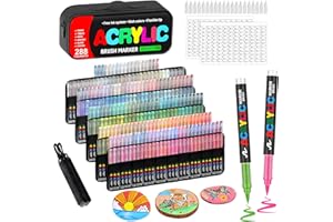 Laconile 288 Marqueurs Acryliques à Pointe Pinceau - Trousse Portable, Nuancier de Couleurs & 20 Pointes de Rechange, Stylo Acrylique Liquide Direct - Idéal pour Verre, Céramique, Pierre, Coloriage