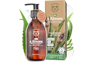 BIONOBLE Ekologiczny Żel z Aloesu 97% z Ekologicznym Olejkiem Lawendowym - Żel Aloe Vera z Świeżego Miąższu do Włosów, Twarzy, Ciała i po Opalaniu - Nawilża, Łagodzi - Szklana Butelka, Pompką - 200ml