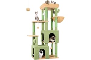 Globlazer Árbol Rascador Grande Cactus Verde Estable con Bases 72 * 45CM, 2 Grandes Nidos, Plataformas Acolchada, Felpa Cesta, Rascador Alto 156 cm para Gatos Grandes Descansar Jugar (F61, Verde)
