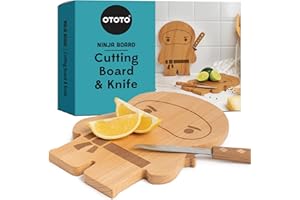 OTOTO - Tabla Ninja - Pequeña Tabla de Cortar de Madera y Juego de Cuchillos - Regalo de Cocina para Picar Frutas y Verduras; Cuchillo de Acero Inoxidable. Tabla de cortar cocina- 25,4 x 17,8 x 1,5 cm