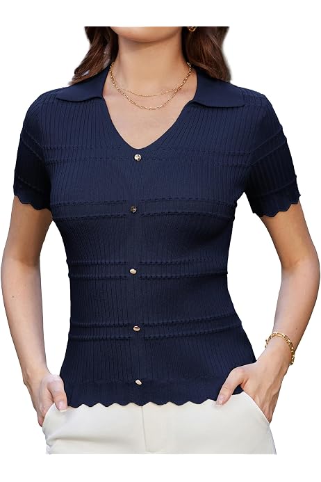 Pull Manches Courtes GRACE KARIN Pour Femme - Col V En Tricot Léger Et Respirant