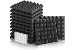 KUCHOOW Mousse Acoustique Pyramide avec Autocollants double face, 12 Pack Mousse Acoustic pour Podcasting, Studios, Bureaux, Apprentissage à Domicile, Panneaux Insonorisants（30 X 30 X 5 cm） (Noir)