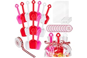 Haooryx 73Pcs Mini Shovels Toy Gift Set, Plastic Shovel Toy White Red Pink Mini Sand Scoop Shovel Toy Party Gift, 18 Set Shovels I Dig You Stickers Labels Clear Bags and 1 Heart Ribbon