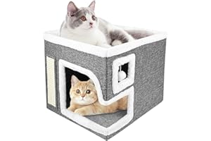Brynlex 2 Capas Cama Gatos, Casa Interior, Plegable Semicerrada Escondite Gatitos con Cojines para Pequeños y Medianos(Gris)