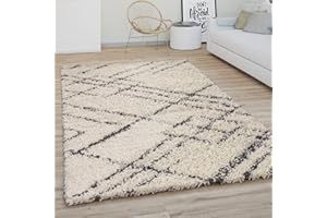 Paco Home Alfombra Salón Pelo Largo Shaggy Motivo Moderno Boho Escandinavo Rombos, tamaño:120x170 cm, Color:Crema Antracita 4