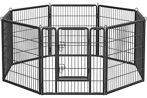 Feandrea Freilaufgehege, Laufstall DIY, mit 8 Gitterplatten je 77 x 80 cm, 2 L-förmige Riegel, transportabel, für innen und außen, extra große Haustiere ohne Halsband, grau PPK88G