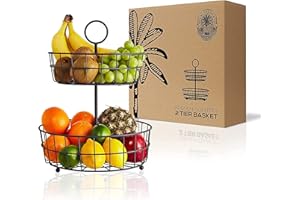 REGAL TRUNK & CO. Cesto di frutta a 2 livelli e supporto - Cestini in filo metallico di campagna francese di | Cesto di frutta a più livelli per piano di lavoro o sospeso | Cornice metallica