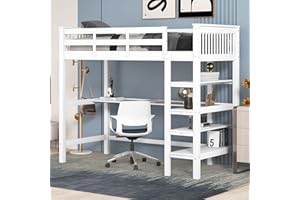 ‎FEZTOY FEZTOY Kinder Hochbett mit Schreibtisch, Kinderbett Etagenbett mit Ablagefächern, Spielbett für Kinder Jugendbett Stockbett, Bettrahmen für Teenager und Erwachsene (Weiß-90x200cm)