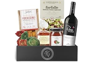 ‎FABELHAFTE GESCHENKE Präsentkorb Italia gefüllt mit Rotwein und italienischen Delikatessen | Pasta, Sugo, Focaccine, Gewürzmischung und Amaretti | Ein Weingeschenkset für Männer & Frauen
