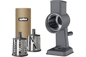 Zyliss Râpe à fromage rotative en aluminium, 3 lames en acier, fromage, légumes, chocolat, noix, fruits avec poignée, pied ventouse antidérapant et pince de table, garantie 5 ans