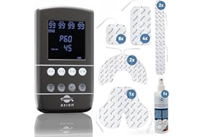 ‎AXION TENS EMS Kombigerät STIM-PRO X9B - 4 Kanäle im Set mit 8 Stk 5x5cm, 4 Stk 10x5cm, Spezial Elektroden-Pads & Kontaktspray - Schmerztherapie, Muskelaufbau & Massage in einem - Medizinprodukt axion