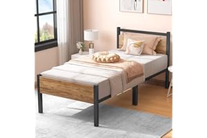 Yornoli Single Bed Frames with Wood Headboard 31.5cm Metal Platform Bed Frame with Storage Sturdy Non-Slip Without Noise No Box Spring Needed Black & Rustic Brown