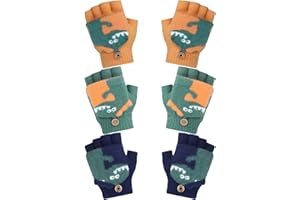 BENCAILOR 3 Paar Kinder Dinosaurier Gestrickte Fingerlose Handschuhe mit Fäustling Abdeckung