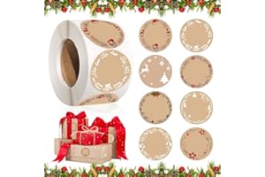 Lets Joy Okrągłe naklejki bożonarodzeniowe, 500 sztuk świątecznych naklejek prezentowych, rolka naklejek bożonarodzeniowych, naklejki z papieru typu kraft, samoprzylepne naklejki na prezenty, koperta,