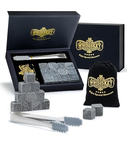 GOURMEO Set van 8 whiskystenen 2 x kommen roestvrijstalen tang 2 kristallen glazen - natuurlijke basaltijsblokjes - herbruikbare stenen - cadeau voor mannen en vrouwen