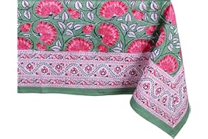 THE Unltd India 100% Cotton Handmade Hand Block Printed Floral Tablecloth – Green & Pink, 60x90 Inches Rectangle, Washable and Perfect for Farmhouse Décor, Holiday Décor, Christmas, and Spring
