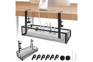 SEGNAYEN Under Desk Cable Management Tray Black, No Drill Desk Cable Tidy, Desk Wire Organiser Rack Metal Mesh Table Cord Basket for Office and Home Standing Desk, 1 Pack