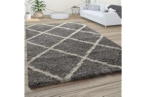 ‎PACO HOME Paco Home Hochflor Teppich Wohnzimmer Schlafzimmer Shaggy Skandinavisch Rautenmuster, Grösse:200x280 cm, Farbe:Grau