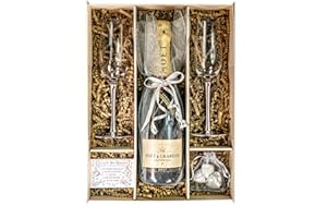 SPARKLEWARE Moet & Chandon 75cl Silver Champagne Gift Box Hamper with Matching Champagne Flutes & Chocolates, Gift Boxed - Silver Wedding Anniversary Hamper For Couples (Metallic Stems)