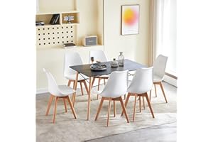 LafeuR Essgruppe Esstisch mit 6 Stühlen, 6er Set Esszimmerstühle und Rechteckig Küchentisch Esszimmergruppe Sitzgruppe für Esszimmer Küche Wohnzimmer Büro(Schwarz Tisch + 6 Weiß Stuhl)