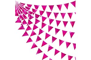 PINK BLUME 32Ft Hot Pink Fabric Triangle Banner Flag Double Sided Metallic Holographic Pennant Bunting Garland for Flamingo Birthday Wedding Baby Bridal Shower Anniversary Bachelorette Party Decorations