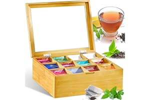GUHAOOL Scatola da tè, Scatola Porta tè e Tisane 12 Scomparti 28 x 22.5 x 9 cm, in Legno, con Coperchio in Vetro Acrilico, Porta Tisane Bustine Porta Tisane Legno, Ideale per Bustine da tè, Naturale