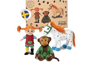 Pippi Langstrumpf Zestaw przytulanek – z pluszową lalką Pippi (20 cm), Herr Nilsson Małpa, przytulanka (16 cm) i małym wujkiem, przytulanka, koń (22 cm), oficjalnie licencjonowana, pluszowe
