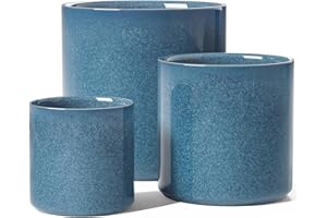 LE TAUCI 15+20+25 cm Plant Pots Set, Ceramic Planters for Indoor Plants, Mid-Century Modern Flower Planter Pots with Drainage Hole and Plug, Cylinder Round Planter Pots, Set of 3, Reactive Glaze Blue