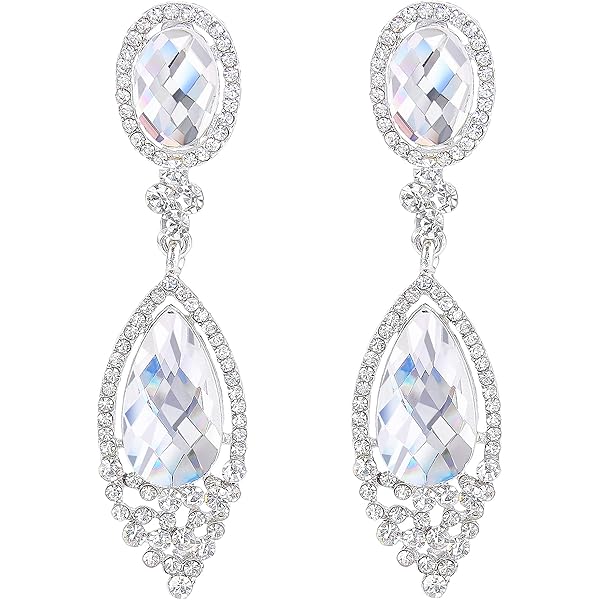 EVER FAITH Strass kristallen oorclips kroonluchter clip-on oorbellen voor dames bruid, art deco marquise druppel bruid lange bungelende druppel oorbellen voor gala groen gouden tint, 8.6 cm (Länge