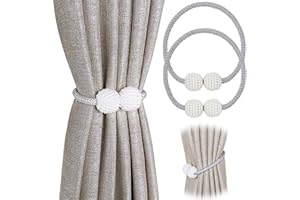 Pinowu Magnetic Curtain Tiebacks Convenient Drape Tie Backs (2 Pack) - Pearl Decorative Rope Holdback Holder for Small, Thin or Sheer Window Drapries (Gray)