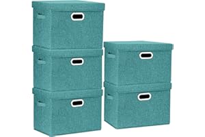 TYEERS Large Storage Box with Lid, Collapsible, Washable, Fabric Storage Box for Clothes, Wardrobe Storage, 44x30x29 cm, Set of 5, Aqua Deep