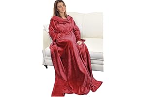 Catalonia Classy Wearable Snuggle Blanket with Sleeves and Pocket, Soft Cosy Fleece Slankets for Women Fluffy Plush Throws Winter TV Blanket for Sofa Couch 185 x 130 cm, Wine