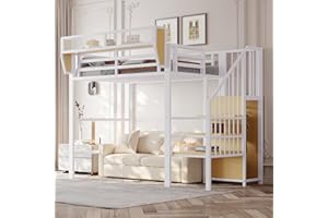 ‎MERAX Merax Hochbett, 90 x 200 cm, aus Metall, mit sicherer Leiter, herausnehmbarem Aufbewahrungsregal, Hochbett für Erwachsene/Kinder, Weiß (ohne Matratze)