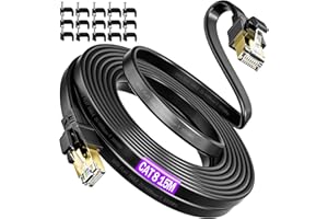 SOIBKE Kabel Ethernet Cat 8 15 m, płaski kabel internetowy, wysoka prędkość, 40 Gb/s, 2000 MHz, RJ45, gigabitowy, na zewnątrz, do wewnątrz, kabel LAN, czarny SSTP, ekranowany przewód krosowy do PS4/PS5, routera, modemu, przełącznika, Xbox (15 klipów)