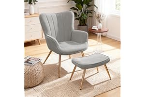 FiveWillowise Ohrensessel, Sessel mit Hocker, Relaxsessel mit Fußstütze, Armsessel, Armlehnstuhl, Loungesessel, Fernsehsessel für Wohnzimmer, Schlafzimmer, Samtoptik, Grau